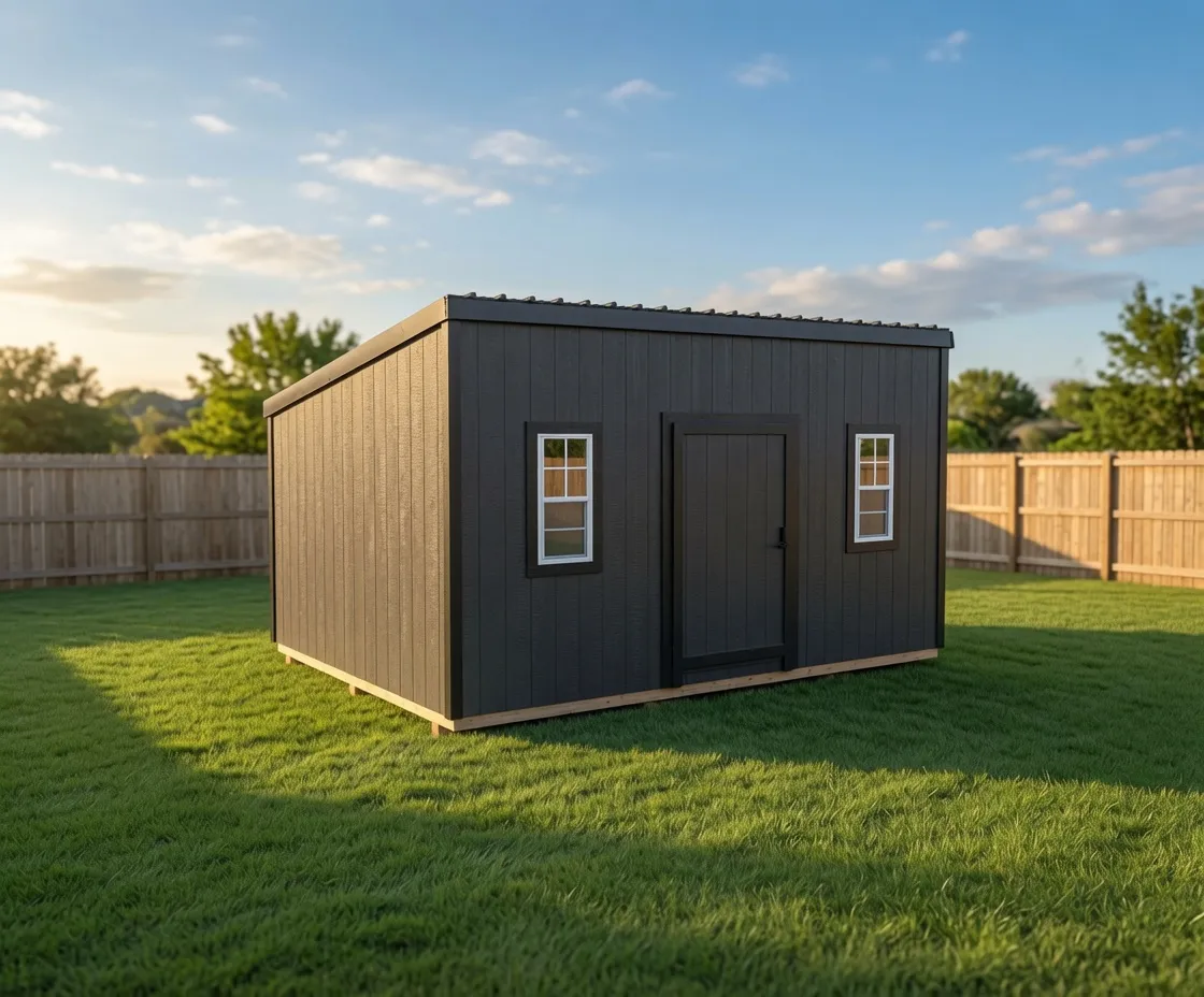 charcoal and black lean to style shed with two windows and metal roofing in grassy yard