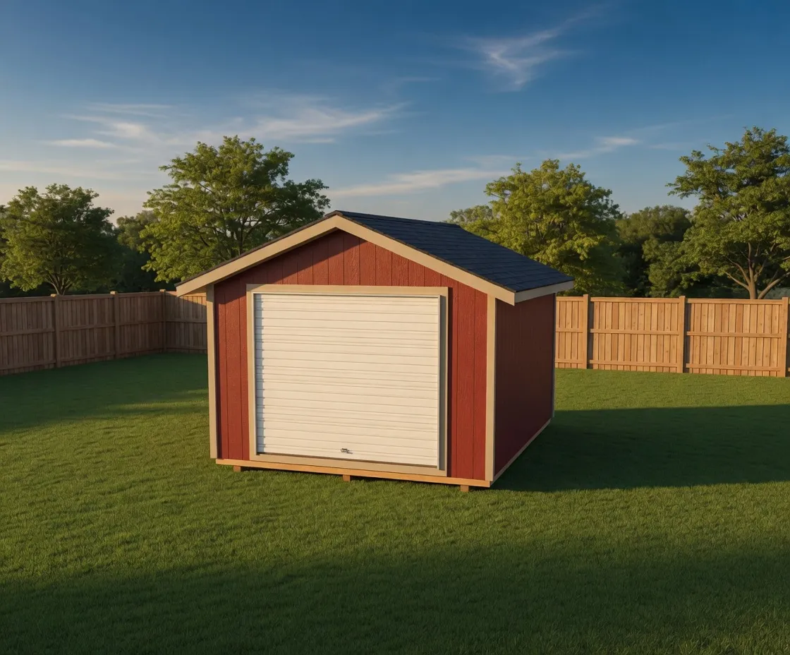 red garage shed with strong floor in green back yard