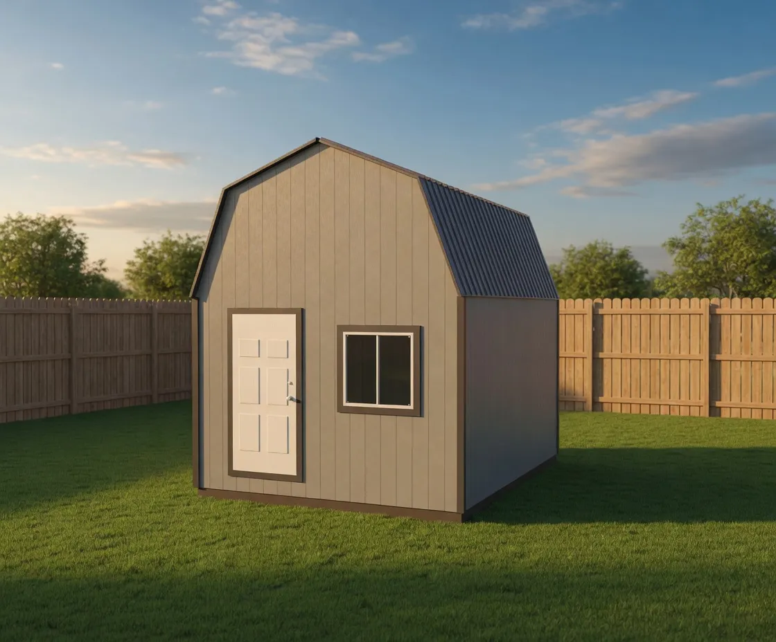 Gray barn style cabin with door and window, 2x6 framing, concrete foundation