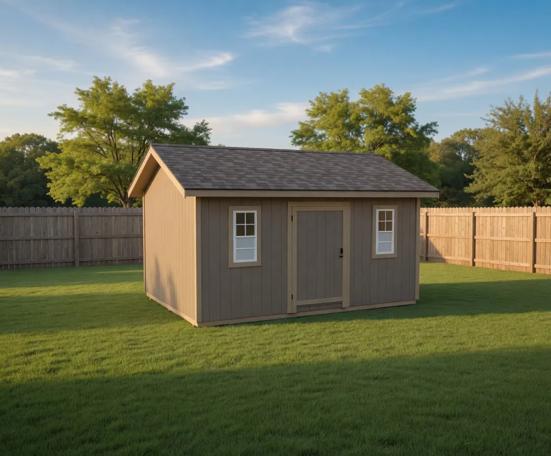beige garden shed with two windows in lush backyard