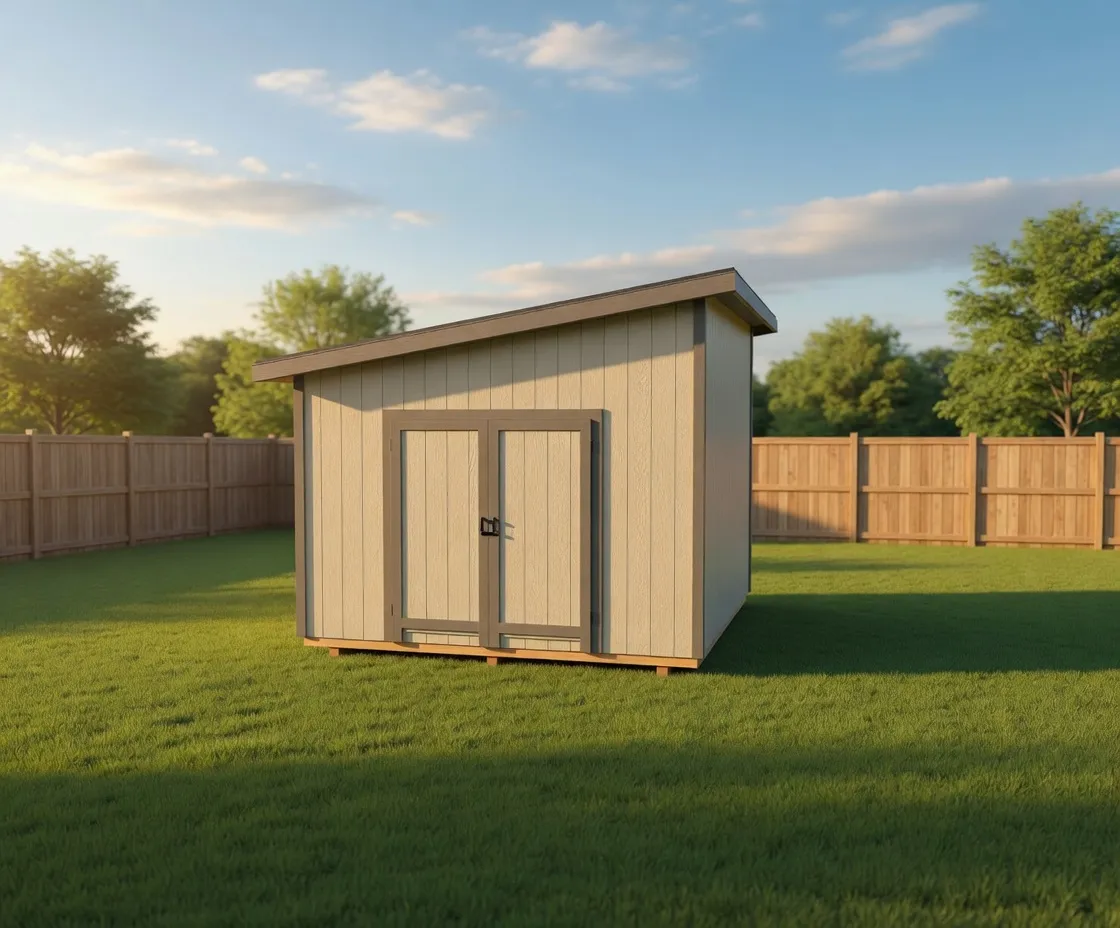 cream colored lean to style shed with gray trim and double doors, extended eaves with metal roofing. 12x16 size