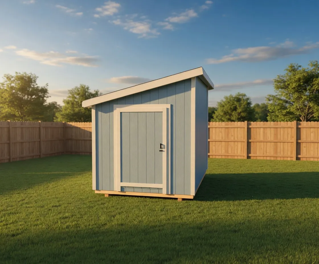 small 8x12 lean to style shed with light blue paint and cream trim color.