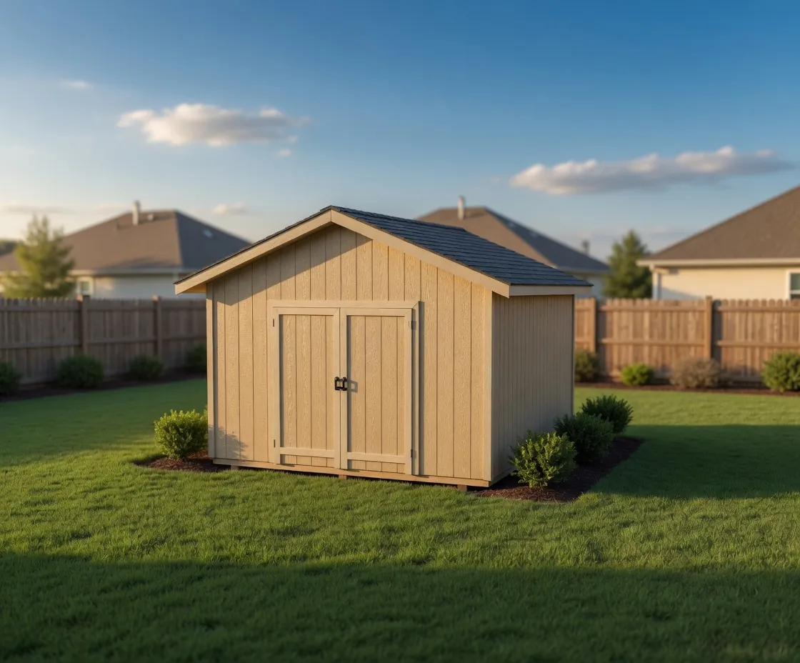 beige shed with double doors in back yard with landscaping