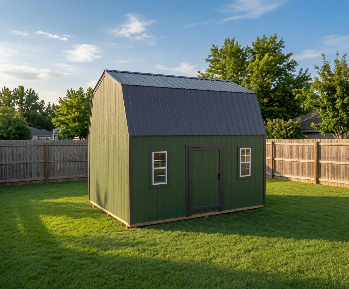 lofted barn in 12x16 size with door and two windows on side. green paint and brown trim