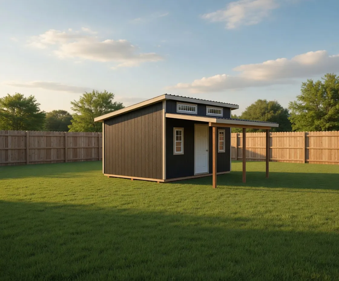 studio lean to shed with door, two windows, and two more windows up high above lean to