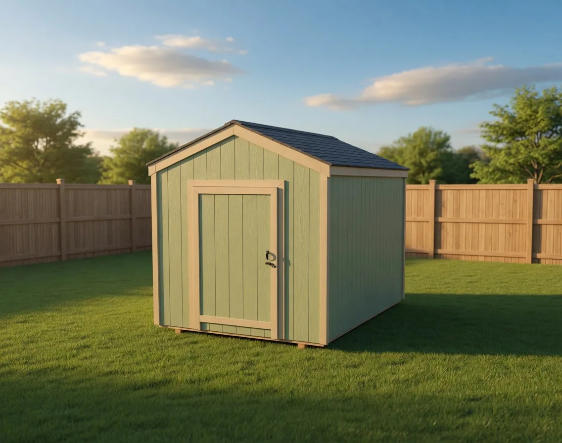 small shed in green backyard with green paint and tan trim