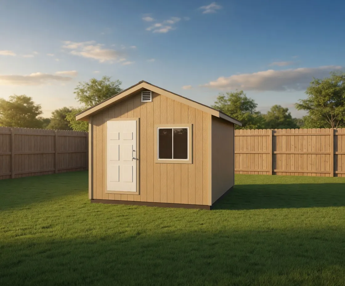 12x16 gable shed built to residential standards with 2x6 framing, house wrap, door and large window