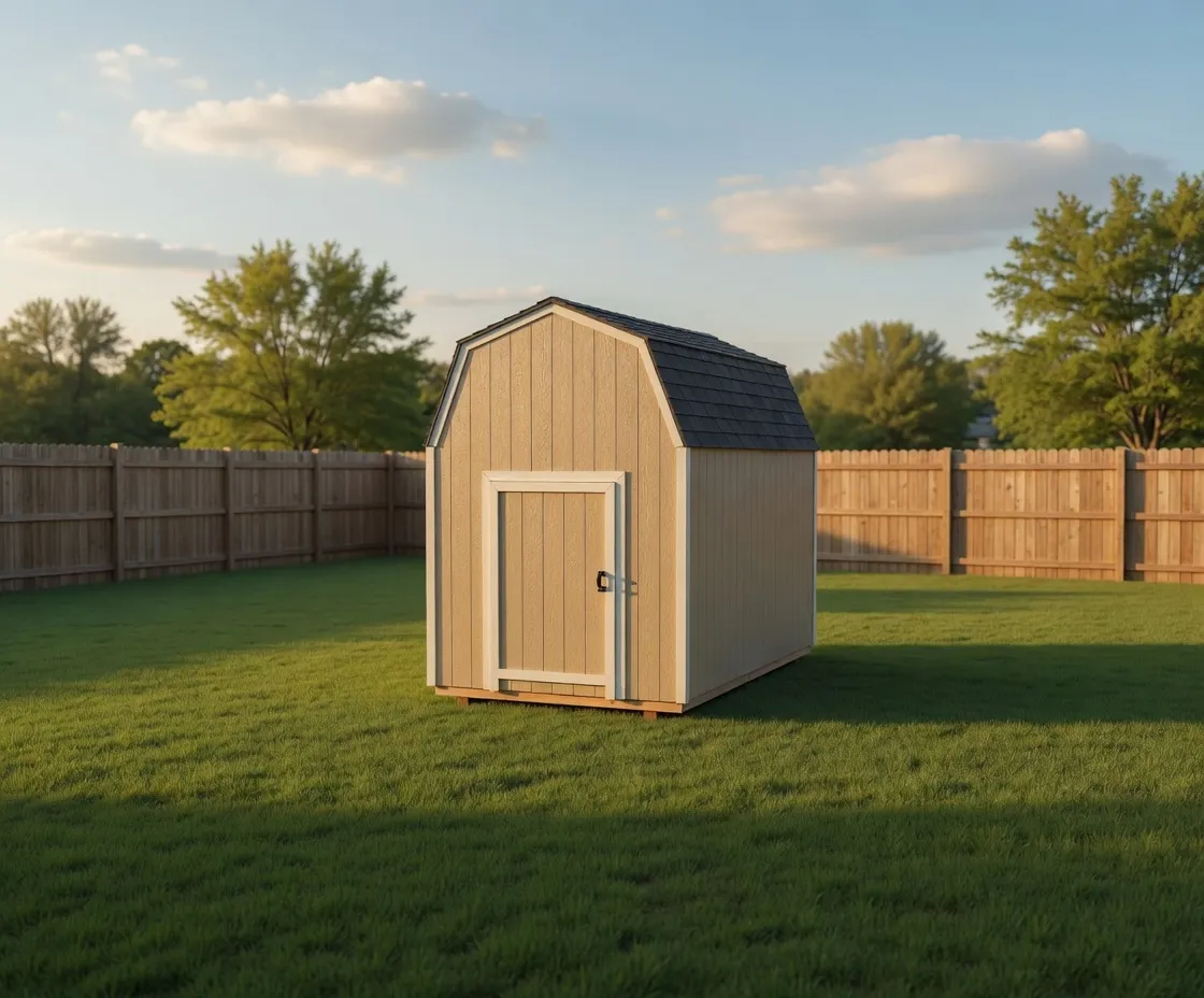 small barn shed with cream trim and beige paint