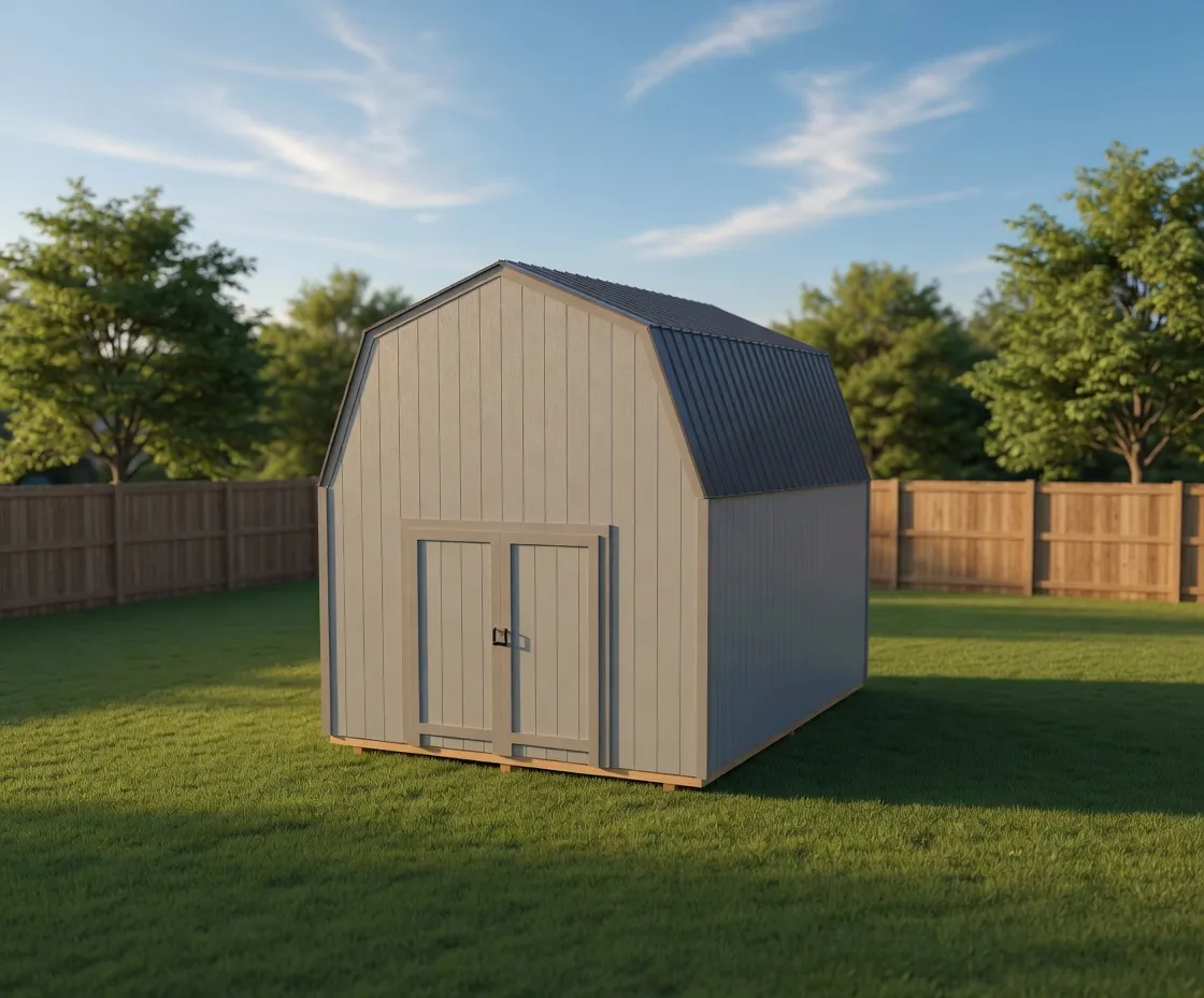 large lofted barn shed 12x16 size with grey trim and grey siding