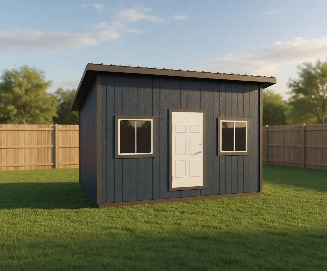 adu style shed with full residential package. 2x6 walls, blue paint, house wrap, charcoal trim, insulated door