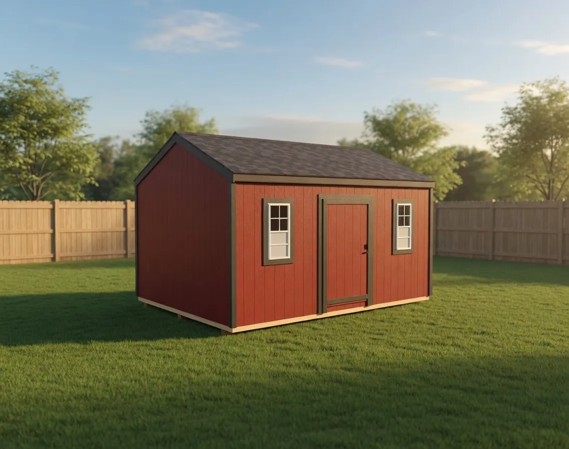 red garden shed with two windows, shingle roof and grey trim