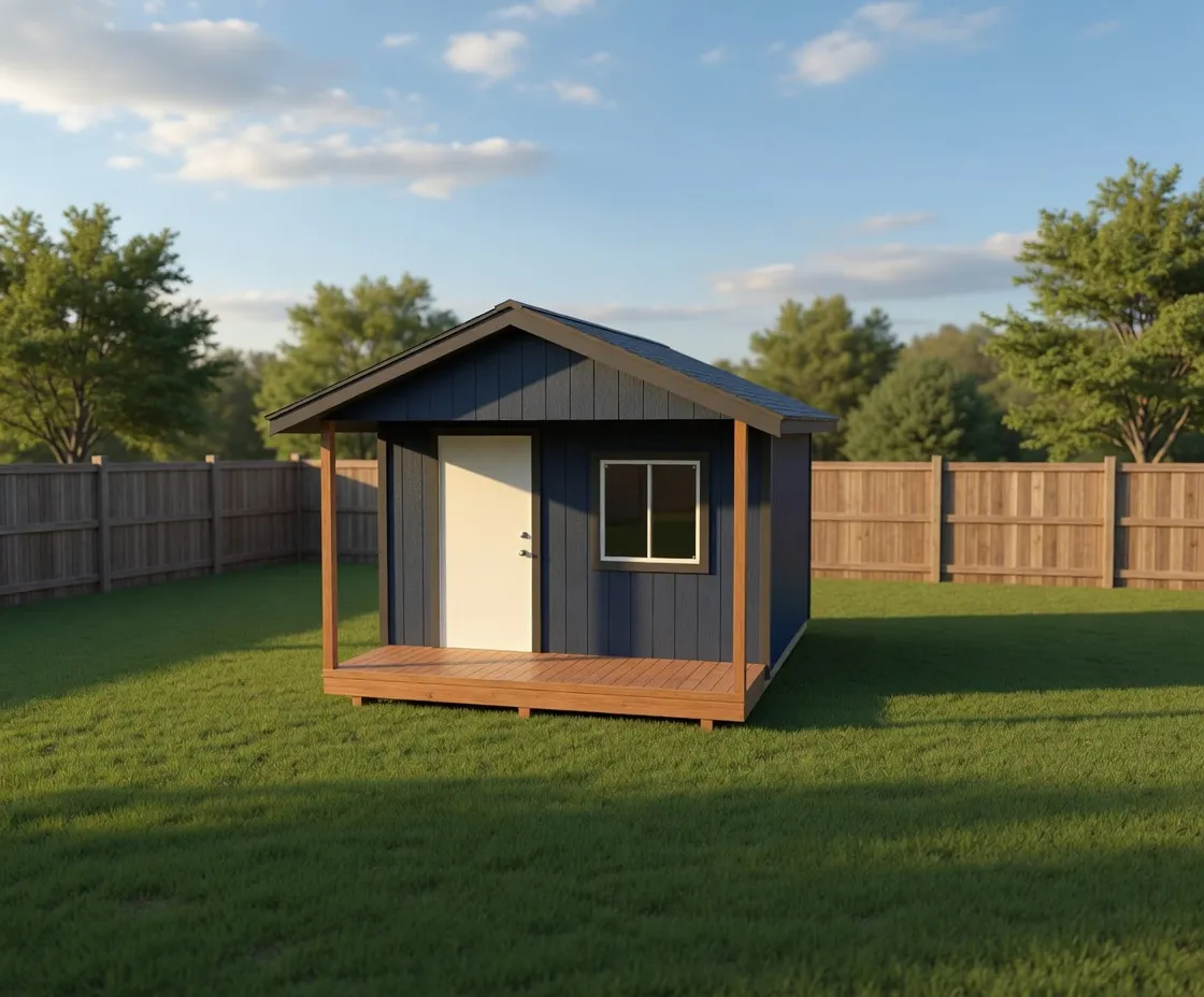 blue cabin shed with charcoal trim, man door, large window, porch