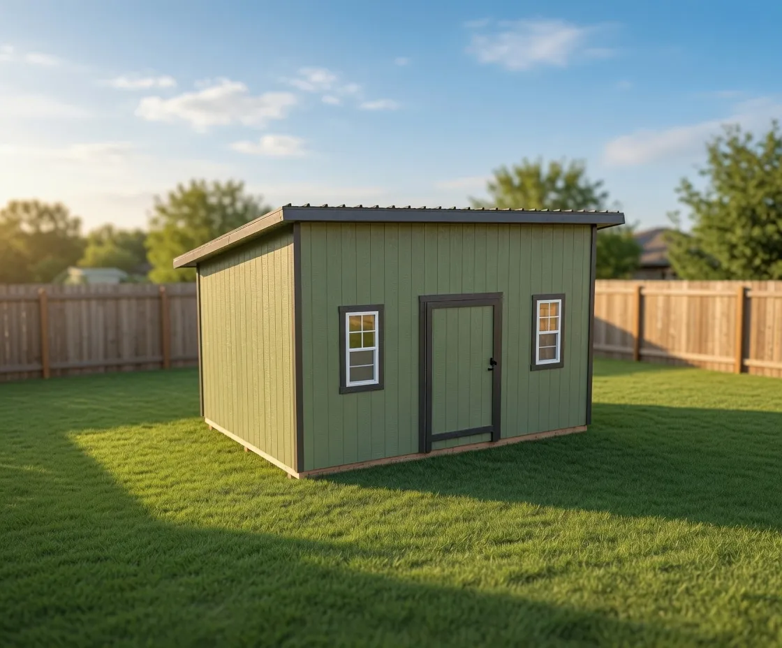 lean to style shed with green paint, charcoal trim, two windows metal roofing and extended eaves