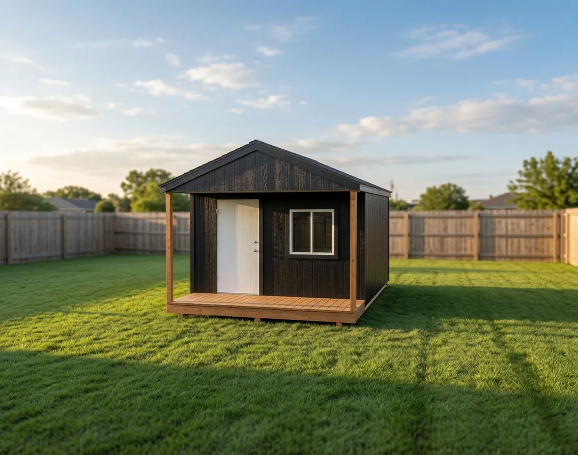 Black cabin shed with porch, window, door in green back yard