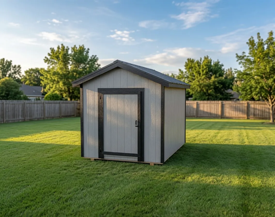 small gray shed with black trim and gable roof in lush back yard