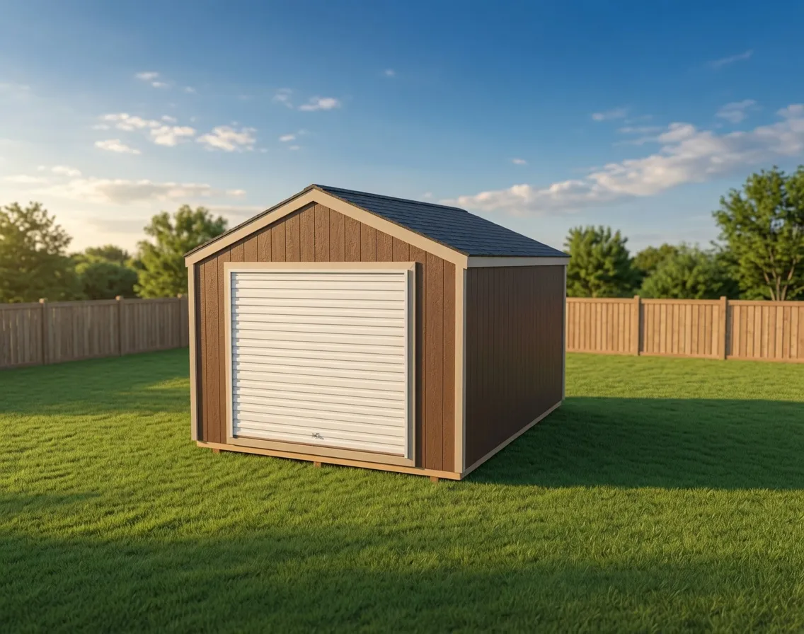 small shed with garage door and brown paint with tan trim in a green back yard