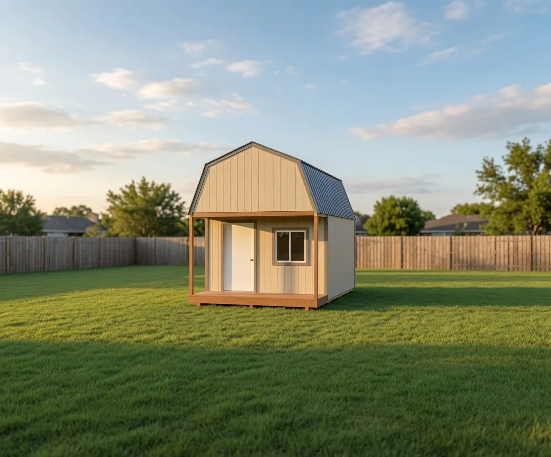 barn style cabin with door and large window above porch. cream color siding, 12x16 size, metal roofing