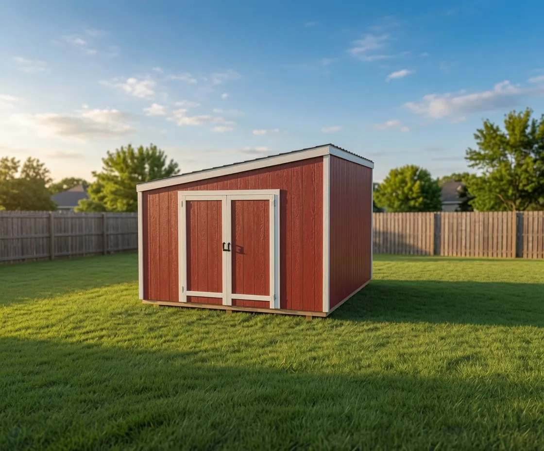 red lean to style shed with cream trim, 12x16 size, double doors