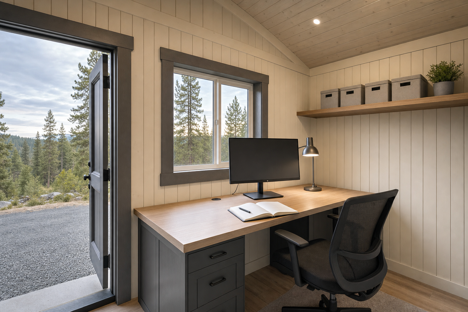 Home office shed detail with desk, window daylight, shelves, and clean cable management