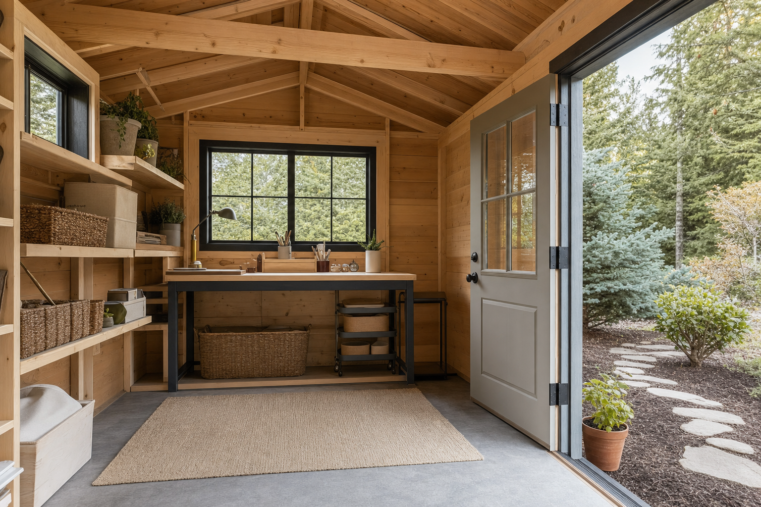 She shed interior detail showing window light, trim, shelving, a bench, and clean floor clearance.