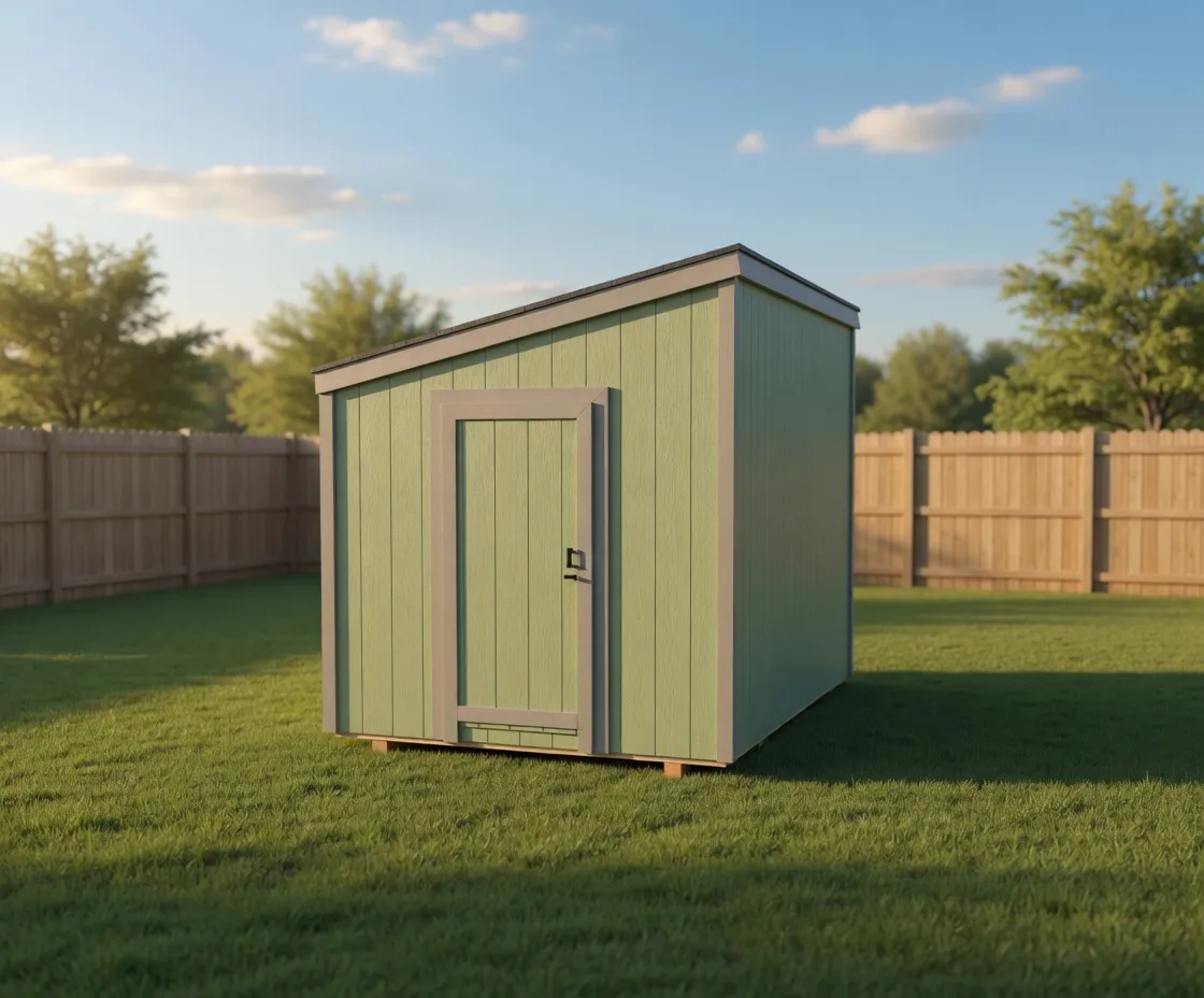 small lean to style shed with green paint, gray trim, and composite roofing in a green yard
