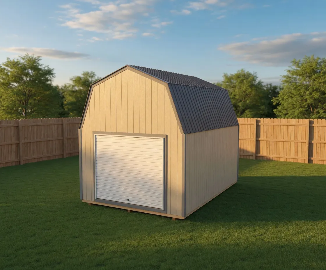 barn style garage shed 12x16 size with large door and loft space